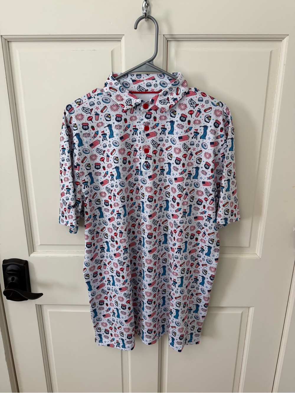Men's White Short-Sleeve Printed Polo Shirt - Patriotic Pattern
